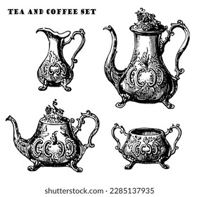 Antique, vintage, traditional style teapot, coffee pot, cream jug, sugar pot. Vector drawing illustration retro design. 