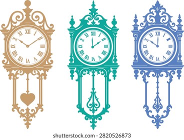 Antique vintage wall pendulum clocks ornamental vector collection, clock, wall, pendulum, antique, vintage, time, watch, icon, symbol, sign