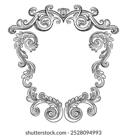 Antique vintage wedding crest frame for monogram. Sketch of ornate design element. Vector isolated engraving illustration. Old fashioned vignette engraving ornament. For decoration, print and design.