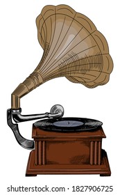 Antique vintage wooden gramophone with record and speaker.