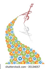 Antique violin in abstract collage. Format A4. Vector illustration. Isolated groups and layers. Global colors.