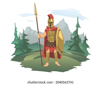 An antique warrior with a shield and a spear on the background of a mountain landscape. God of war, Ares or Mars. Vector illustration, isolated on white.