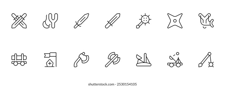 Antikes Waffensymbol wie Schwert, Schild, Ritter, Vektorgrafik. linear editierbarer Strich. Line, Solid, Flat Line, dünner Stil und Geeignet für Web Page, Mobile App, UI, UX-Design.