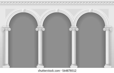 Antique white arcade with Ionic columns. Three arched entrance or niche. Vector graphics
