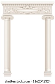 Antique white colonnade with Ionic columns. Three arched entrance or niche. Vector graphics