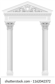 Antique white colonnade with Ionic columns. Three arched entrance or niche. Vector graphics