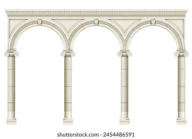 Antique white colonnade with Ionic columns. Three arched entrance or niche. Vector graphics