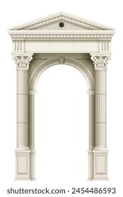 Antique white colonnade with Ionic columns. Three arched entrance or niche. Vector graphics