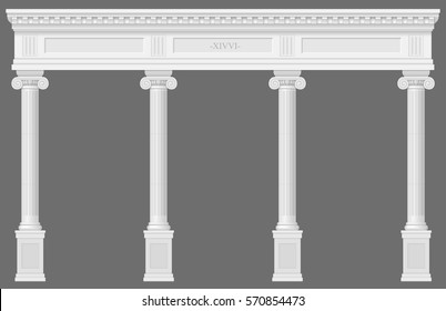 Antique white colonnade with Ionic columns. Three arched entrance or niche. Vector graphics