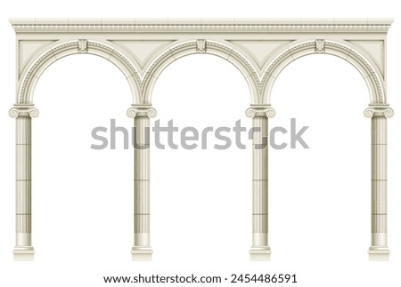 Antique white colonnade with Ionic columns. Three arched entrance or niche. Vector graphics