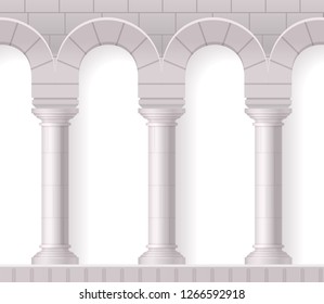 Antique white columns realistic composition with classic architectural shapes and brick texture on blank background vector illustration