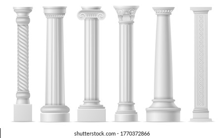Antique white columns. Roman historical stone colonnade or pillars, realistic marble pillar ancient greece architecture, classic column art objects vector isolated set