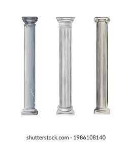 Antique white columns from splash of watercolors, colored drawing, realistic. Vector illustration of paints