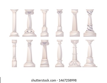 Antique white pillars. Ancient realistic ornate columns roman or greece classic architecture. Decorative facades of historic buildings 3d cartoon style vector illustration isolated