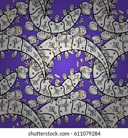 Antique white repeatable wallpaper. Blue violet floral ornament in baroque style. White element on violet background. Damask pattern repeating background.