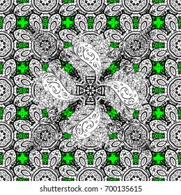 Antique white repeatable wallpaper. Damask pattern repeating background. White white floral ornament in baroque style. Elements on green background.