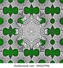 Antique white repeatable wallpaper. Vintage element on green background. Damask rough pattern repeating background. White floral ornament in baroque style.