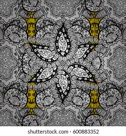 Antique white repeatable wallpaper.White element on yellow background. Damask pattern repeating background. White yellow floral ornament in baroque style.