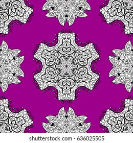 Antique whiteen repeatable wallpaper. White element on magenta background. Damask seamless repeating pattern. White floral ornament in baroque style.