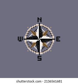 Antique wind rose in old pixel style. 8 bit black beige compass for marine navigation. Retro paraphernalia of a traveler for an indie game. North, South, West, East, location search on the map.