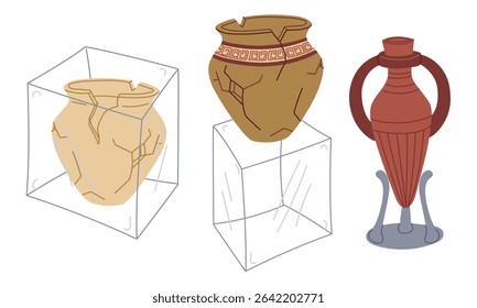 Antique wine jug on stand, Greek-style jug on glass cube, jug under glass museum exhibits. Archaeological find. Flat color illustration. scientific projects, encyclopedias, museum exhibitions, history