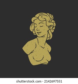 Antique woman goddess bust with naked breast decorative design grunge texture vector illustration. Ancient female Greek statue golden hand drawn figure minimalist icon for beauty salon makeup cosmetic