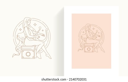 Antique woman goddess playing harp melody at abstract stars circle frame minimalist icon card vector illustration. Medieval esoteric female in Greek dress linear logo for wellness spa salon isolated