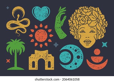 Antique woman head in flowers and boho symbol of sun. Esoteric snake with crescent moon. Growing palm tree next to destroyed ancient building. Mystical moon with hand. Vector colorful textured symbols