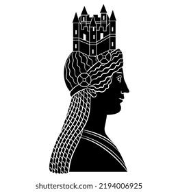 Antique woman or princess wearing medieval castle on her head. Creative concept. Black and white silhouette.