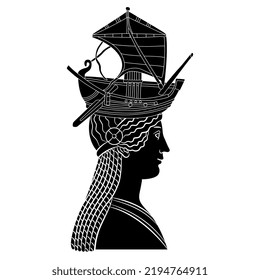 Antique Woman Or Princess Wearing Sailing Ship On Her Head. Creative Concept. Black And White Silhouette. Mermaid Or Lorelei.	