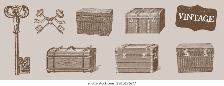 Antique Wooden Boxes. Hand Drawing Engraving. Retro Suitcases. Retro storage Box. Vintage Antique Key. Chest Collection. Line Drawing Sketch in Vintage Style. 