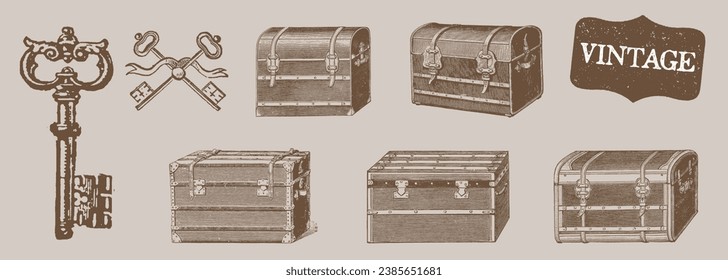 Antique Wooden Boxes. Hand Drawing Engraving. Retro Suitcases. Retro storage Box. Vintage Antique Key. Chest Collection. Line Drawing Sketch in Vintage Style. 