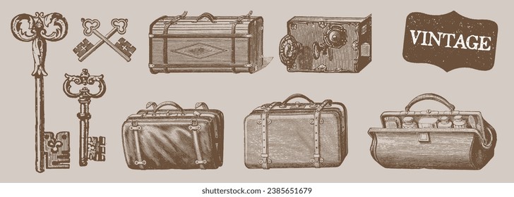 Antique Wooden Boxes and Suitcases. Hand Drawing Engraving. Retro Storage Box. Vintage Antique Key. Chest Collection. Line Drawing Sketch in Vintage Style. 