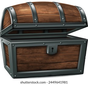 An antique wooden chest, forged with iron, on a white background. High detailed realistic illustration.