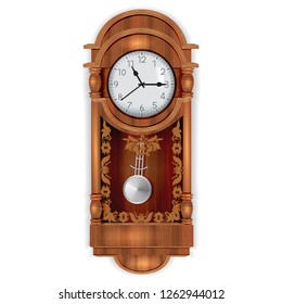 Antique wooden clock isolated on a white background.Old watch with interior.Vector illustration.