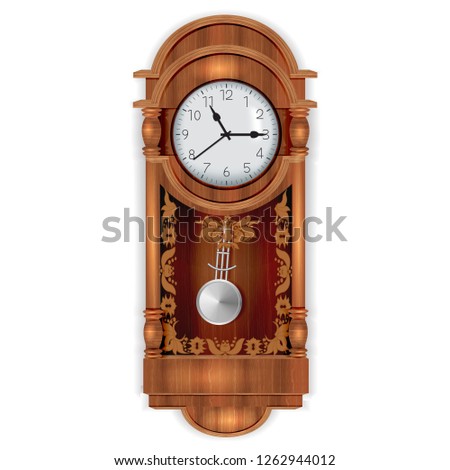 Antique wooden clock isolated on a white background.Old watch with interior.Vector illustration.