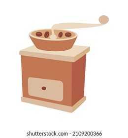 Antique wooden coffee grinder with beans. Windmill vector illustration isolated on white background. Doodle style.