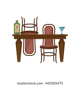 Antique Wooden Dining Table And Chairs Flat Bright Color Vector Illustration On White Background