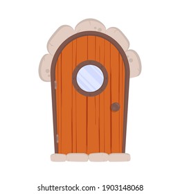 Antique wooden door with a round window. Stone cladding. Wood texture. Cartoon style. Isolated, vector illustration.