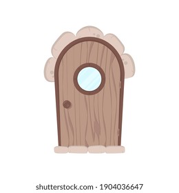 Antique wooden door with a round window. Stone cladding. Wood texture. Isolated, vector illustration.