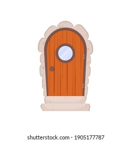 Antique Wooden Door With A Round Window. Stone Cladding And Steps. Wood Texture. Cartoon Style. Isolated, Vector Illustration.