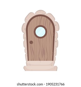 Antique wooden door with a round window. Stone cladding and steps. Wood texture. Cartoon style. Isolated, vector