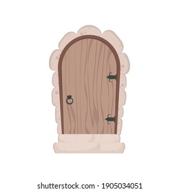 Antique wooden door. Stone cladding and steps. Wood texture. Cartoon style. Isolated, vector illustration.