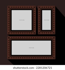 Antique wooden ornamental photo frames hanging on the wall. Different shapes painting border design with old royal and elegant look. rectangular and square shaped vintage design png.