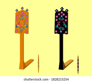 Antique wooden spinning wheel on the background. Cartoon. Vector illustration.