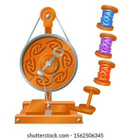 An antique wooden spinning wheel and a set of reels of multicolored threads isolated on a white background. Vector cartoon close-up illustration