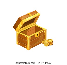 Antique wooden treasure chest icon with coins vector illustration. Brown wooden box with golden shining stripes and keyhole flat style design. Riches concept. Isolated on white background