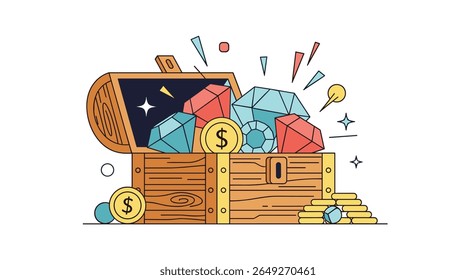 An antique wooden treasure chest overflowing with sparkling diamonds shiny gold coins and colorful gemstones creating a scene of immense wealth and fortune