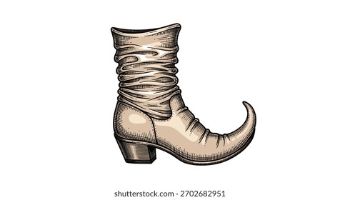 Uma bota de couro enrugado antiga com um dedo apontado e um calcanhar curvo. A bota é uma cor creme clara e apresenta um efeito ruched ou reunido em torno do tornozelo e área inferior da panturrilha.