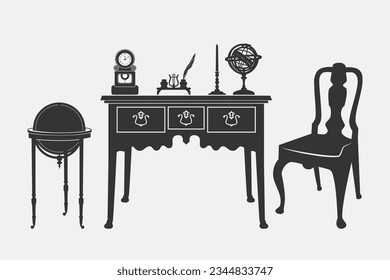 Escritorio de escritura de época, reloj de mesa, tintero con plumas, candelabro, astrolabio, sillón y globo celeste en el estrado. Interior retro. Siluetas aisladas de objetos sobre un fondo claro. Clipart